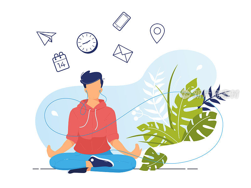 Vector illustration concept of businessman practicing meditation in office. The man sits in the lotus position, the thought process, the inception and the search for ideas. Practicing Yoga in work